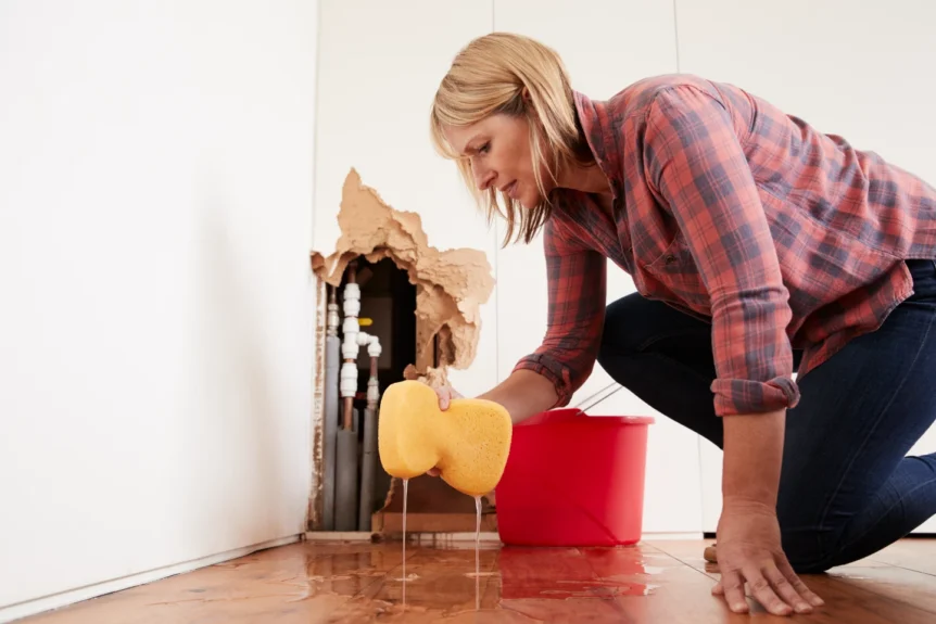 worried woman mopping up water from leaky basement